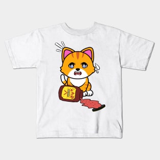 Funny orange cat Spills BBQ Sauce Kids T-Shirt